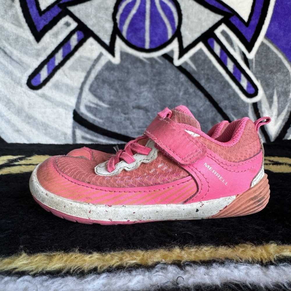 Size 9c - Merrell Bare Steps Pink White Orange Sneakers Hook & Loop Baby